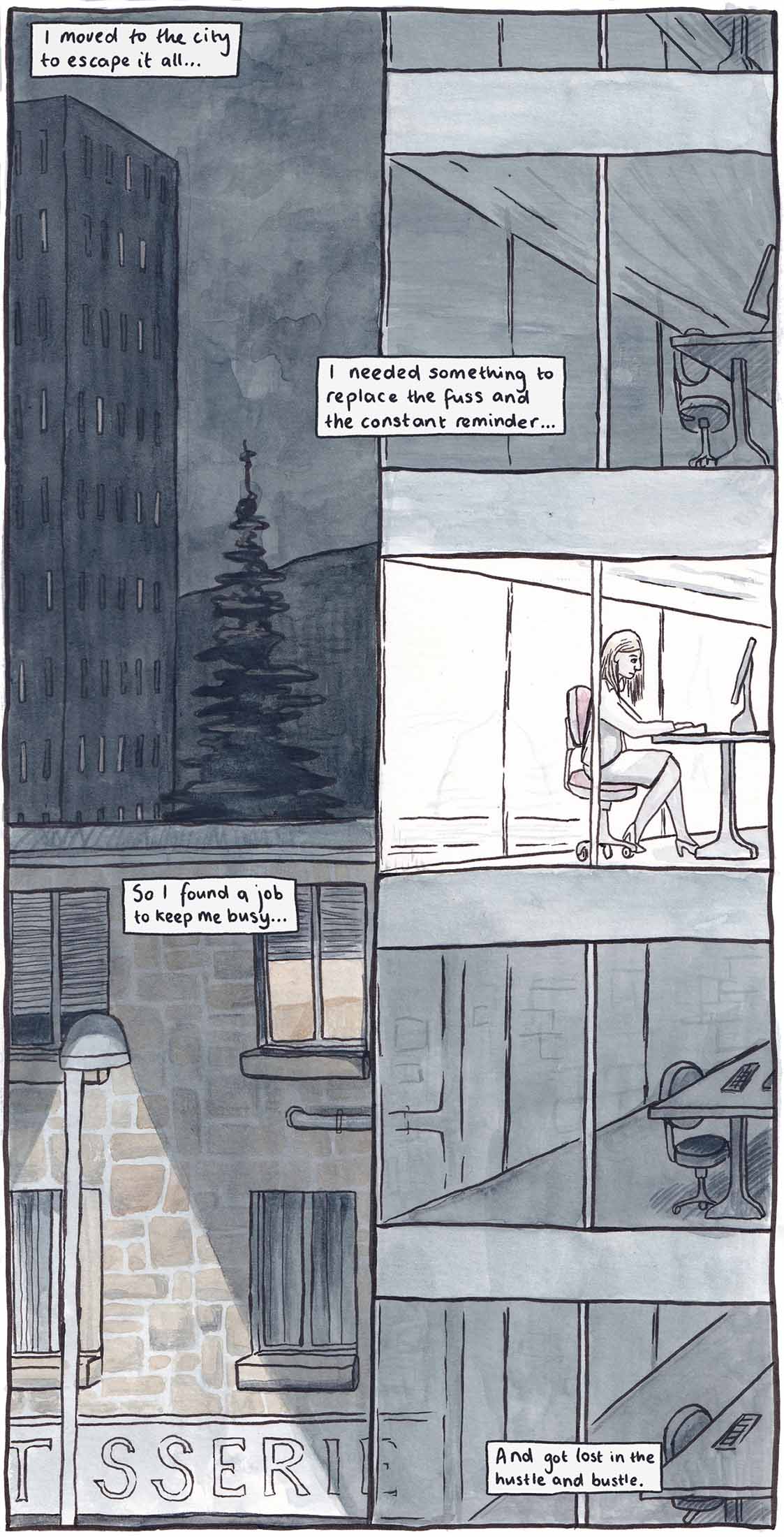 First Panel of Web Comic 'Always Used To' showing the main female character working alone at night in an office block.