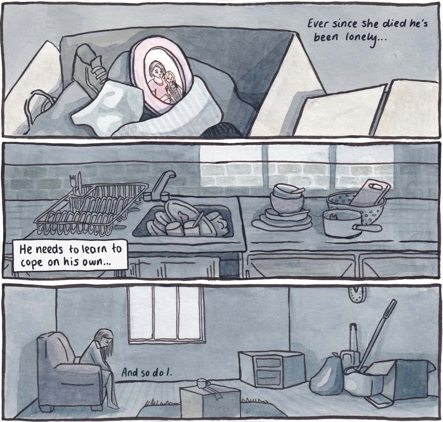 Series of panels from web comic 'Always Used To' showing the main character's unkept living situation and turmoil with leaving her father alone after her mother's death.