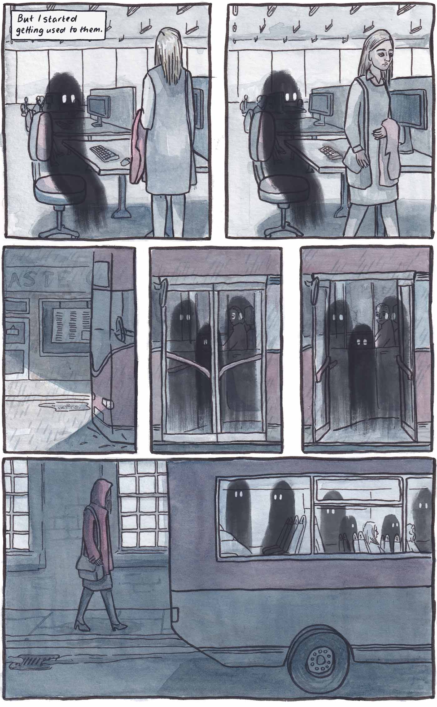 A series of panels from web comic 'Always Used To' showing the main character encountering ghosts in her everyday life including at the office and on the bus.