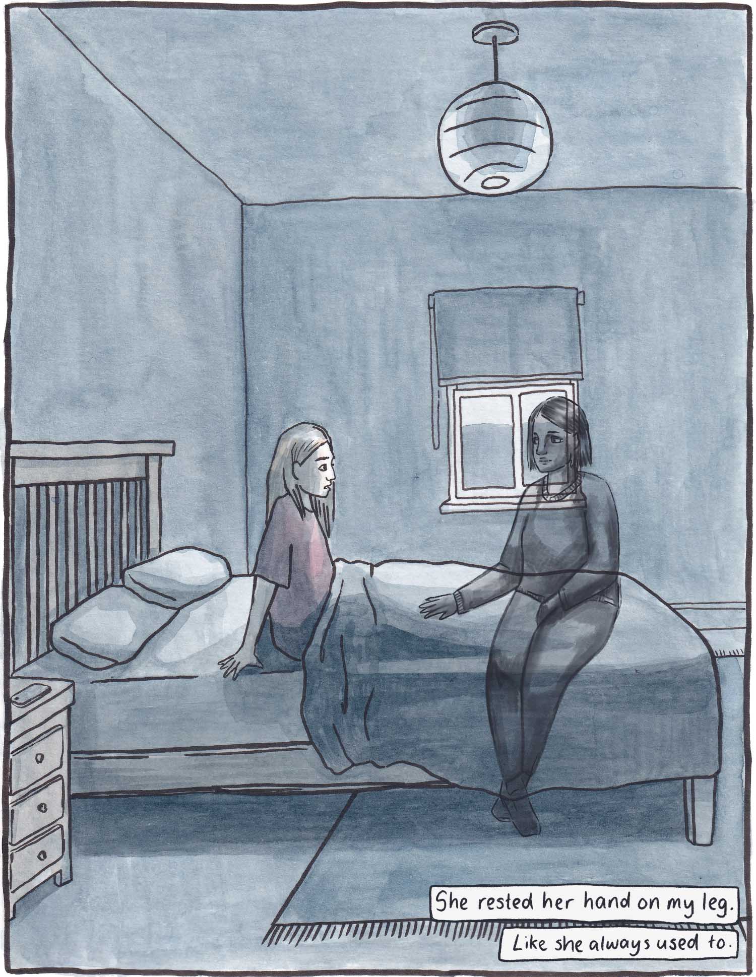 Panel from web comic 'Always Used To' showing the main character sitting in bed with the ghost of her mother. The mother is resting her hand on the daughter's leg.
