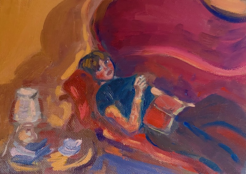 Painting of woman on red sofa 