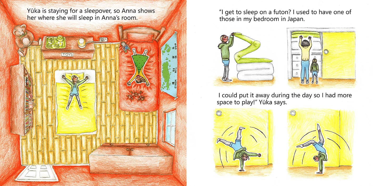 The left has a birds-eye view of Anna's bedroom with the two girls lying on the bed and futon. The right is four spot illustrations depicting Yūka's sleeping arrangements in Japan. 