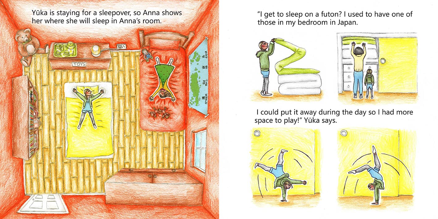The left has a birds-eye view of Anna's bedroom with the two girls lying on the bed and futon. The right is four spot illustrations depicting Yūka's sleeping arrangements in Japan. 