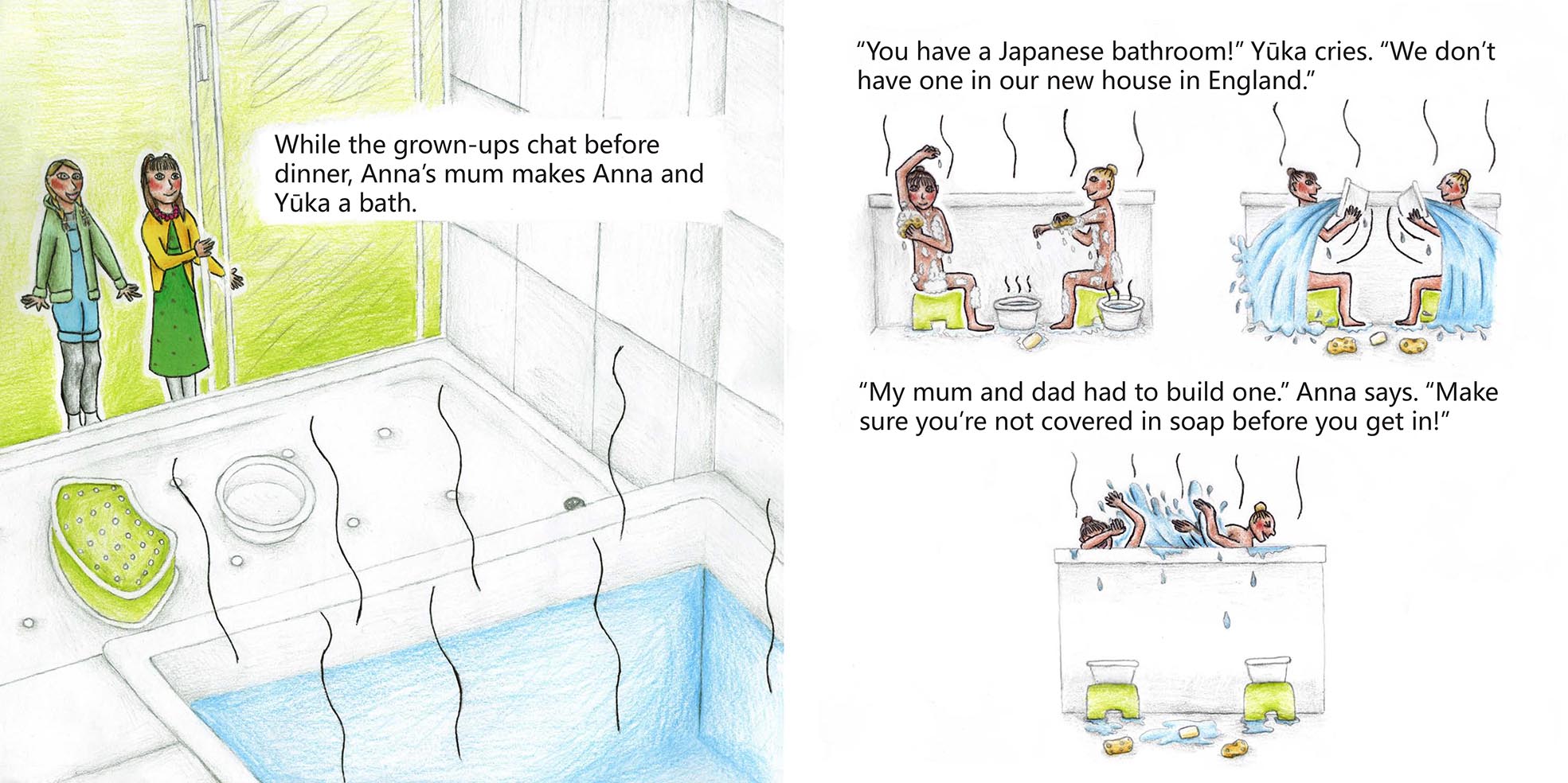 The left shows the two girls looking into a Japanese bathroom. The right is spot illustrations depicting how to use the bathroom using the two characters. 