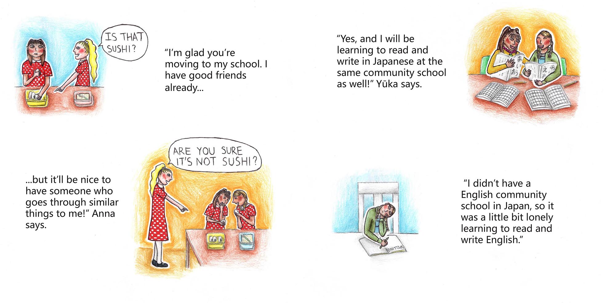 Spot illustrations depicting the two girls enjoying aspects of being half-Japanese and half-English together as they are now friends.
