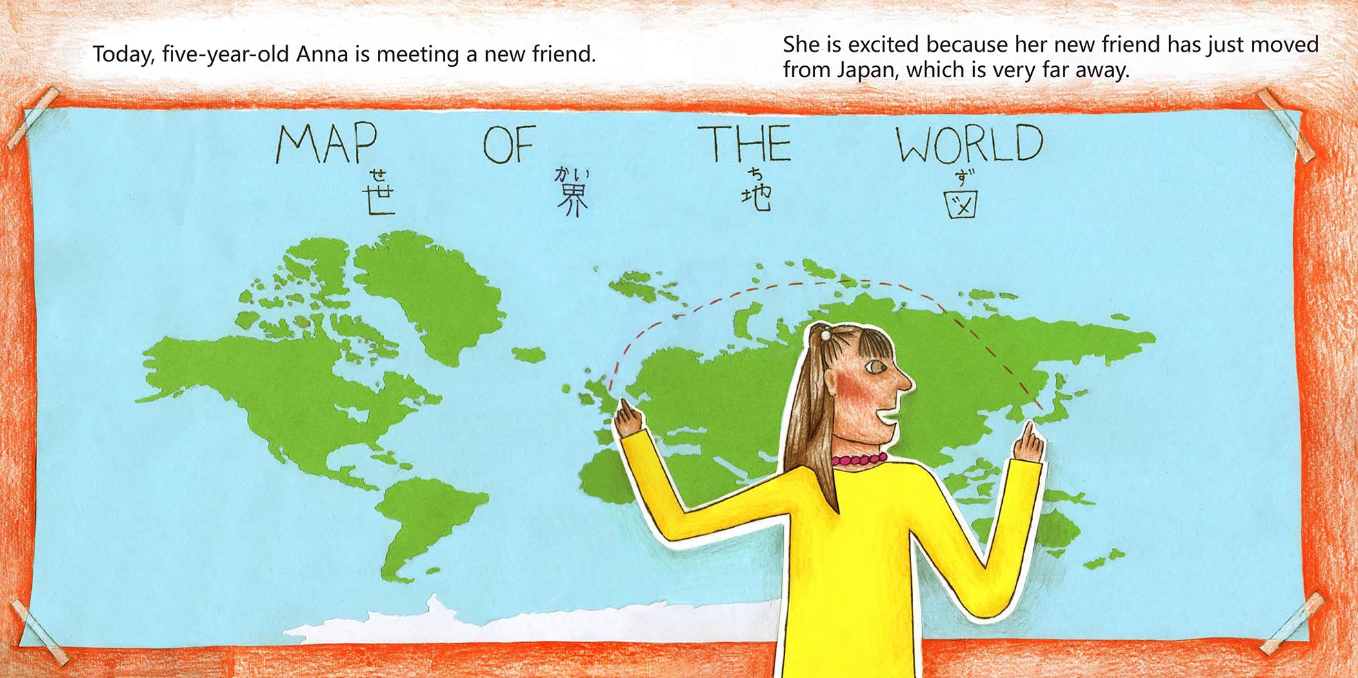 A world map titled in both English and Japanese. The character Anna is pointing at the U.K. and Japan, a dotted line between them representing the journey.