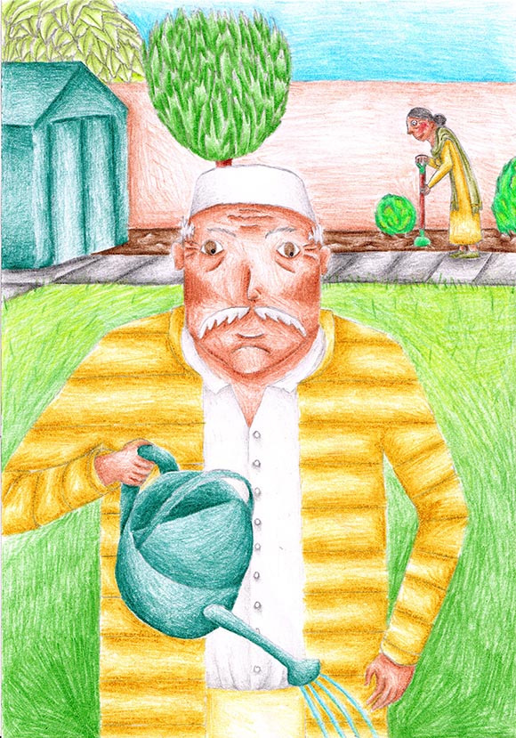 An elderly man holding a watering can. The background is the garden with a lawn, shed and the man's wife digging near some plants.