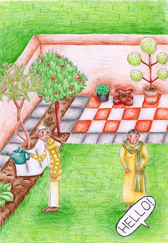 A wider view of the elderly couple looking surprised, with a patio, garden wall and plants in the background. A speech bubble in the bottom-right corner reads "Hello!".