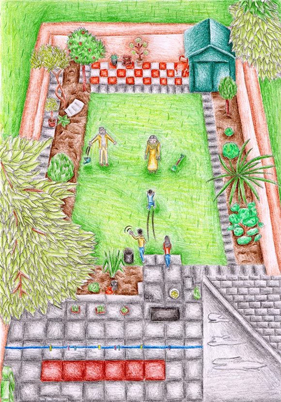 A birds-eye view of the whole garden with the couple looking joyful as their grandchildren have arrived.