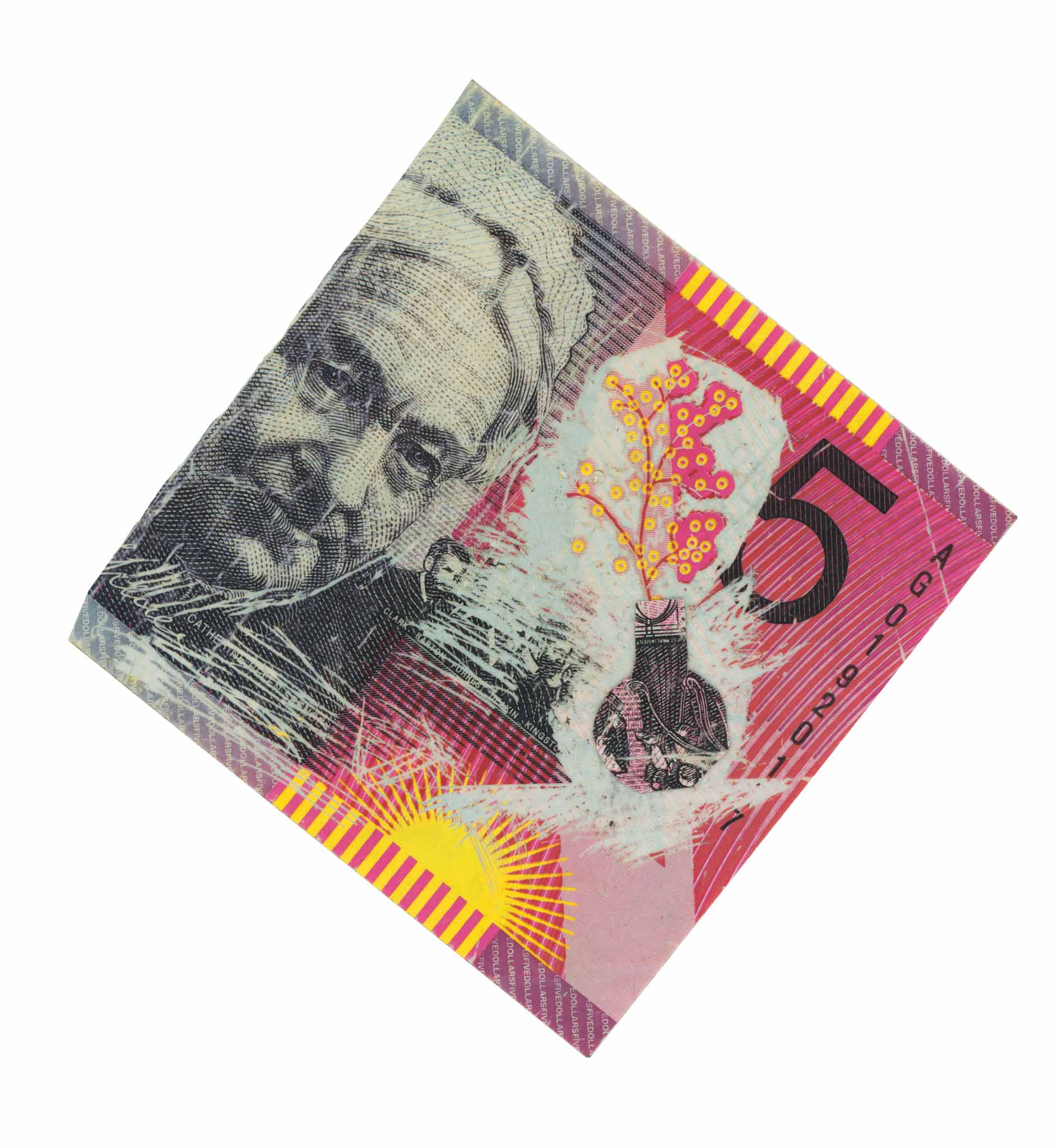 A cropped 5 dollar Australian banknote. Part of the design has been scratched off to highlight a flower resting in a vase.