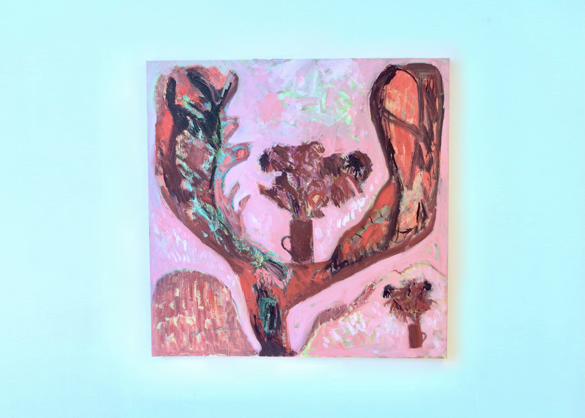 Pink and red oil painting depicting a tree in a mountainous landscape with a pot of flowers on the centre of its branches and another pot of flowers on the bottom right of the painting. 