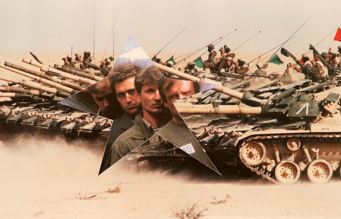 tanks move from right to left of a desert expanse, four men carrying their comrade in a coffin emerge from a jagged star cut at the centre of the image