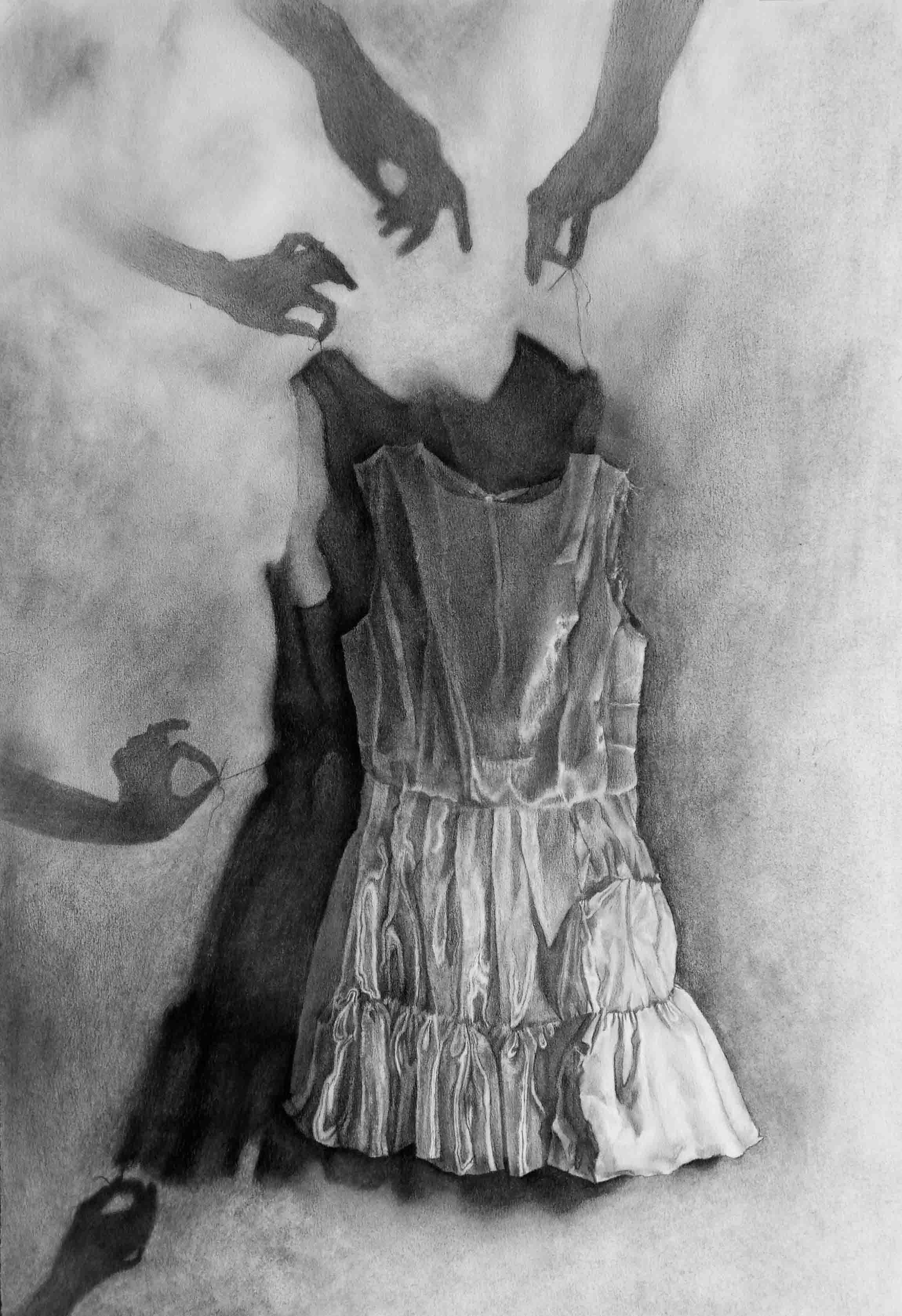 A drawing of a nylon dress with shadows of hands in the background