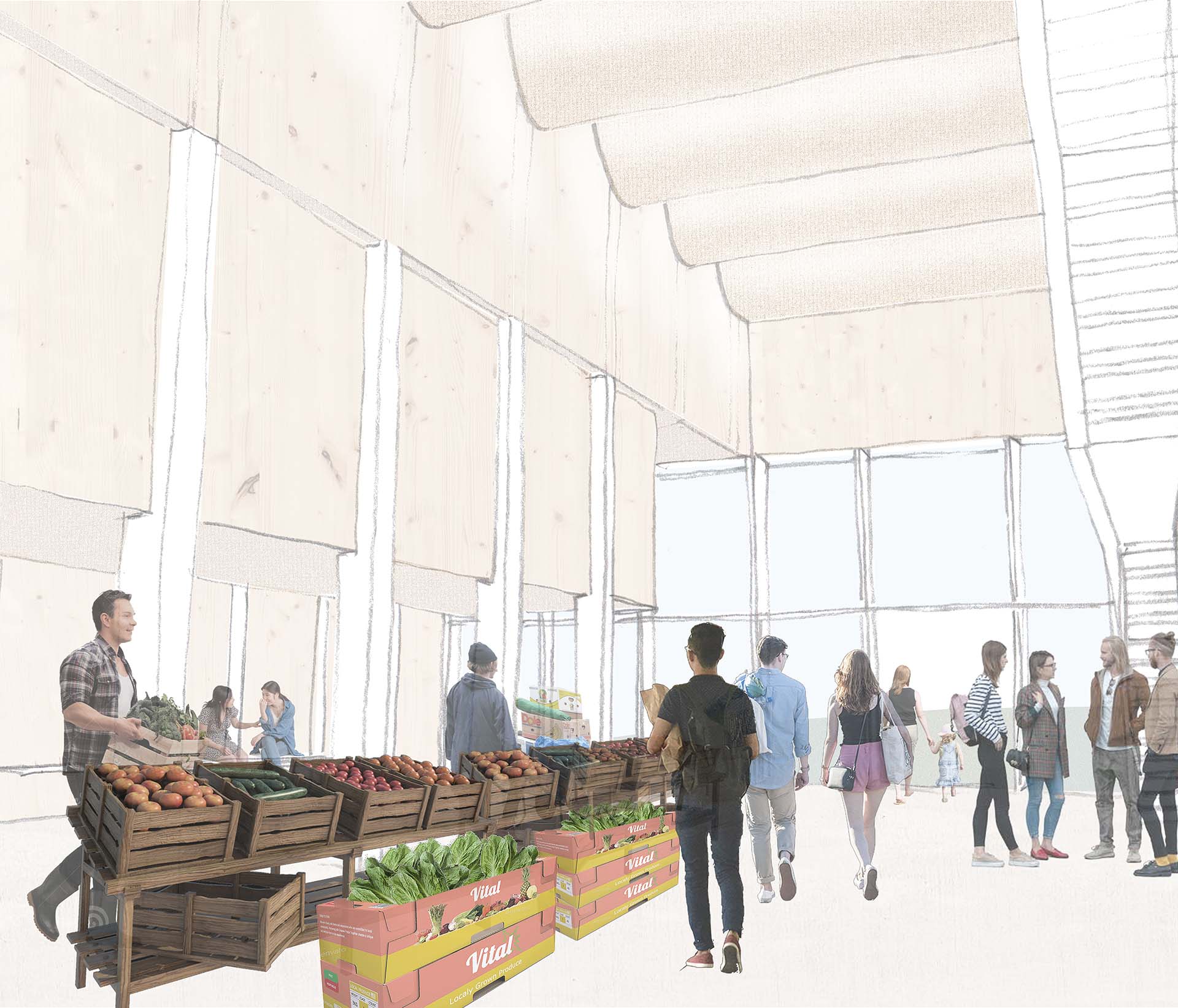 rendered Perspective sketch of interior hall 