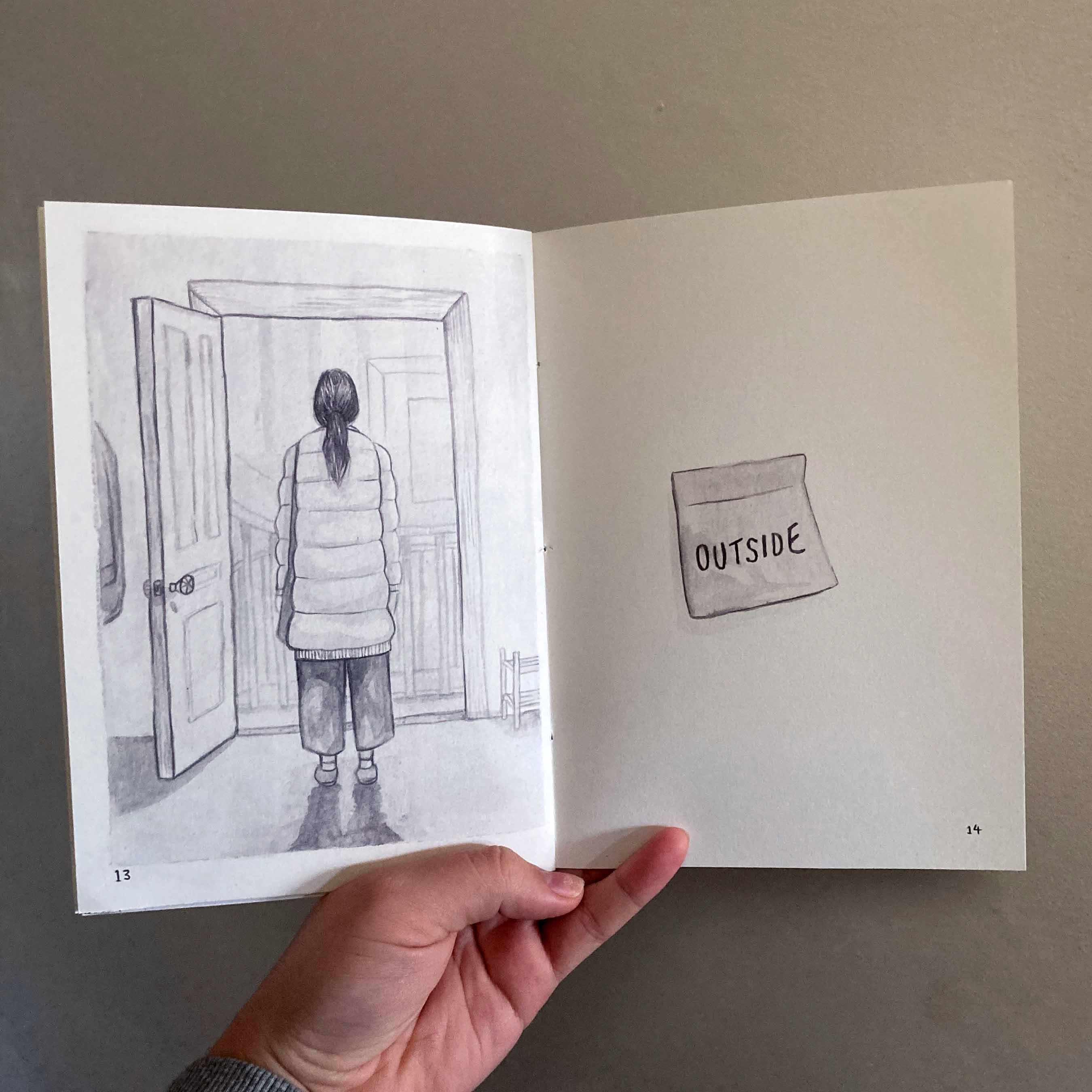 'OUTSIDE' comic final page spread showing the main character in an open doorway.