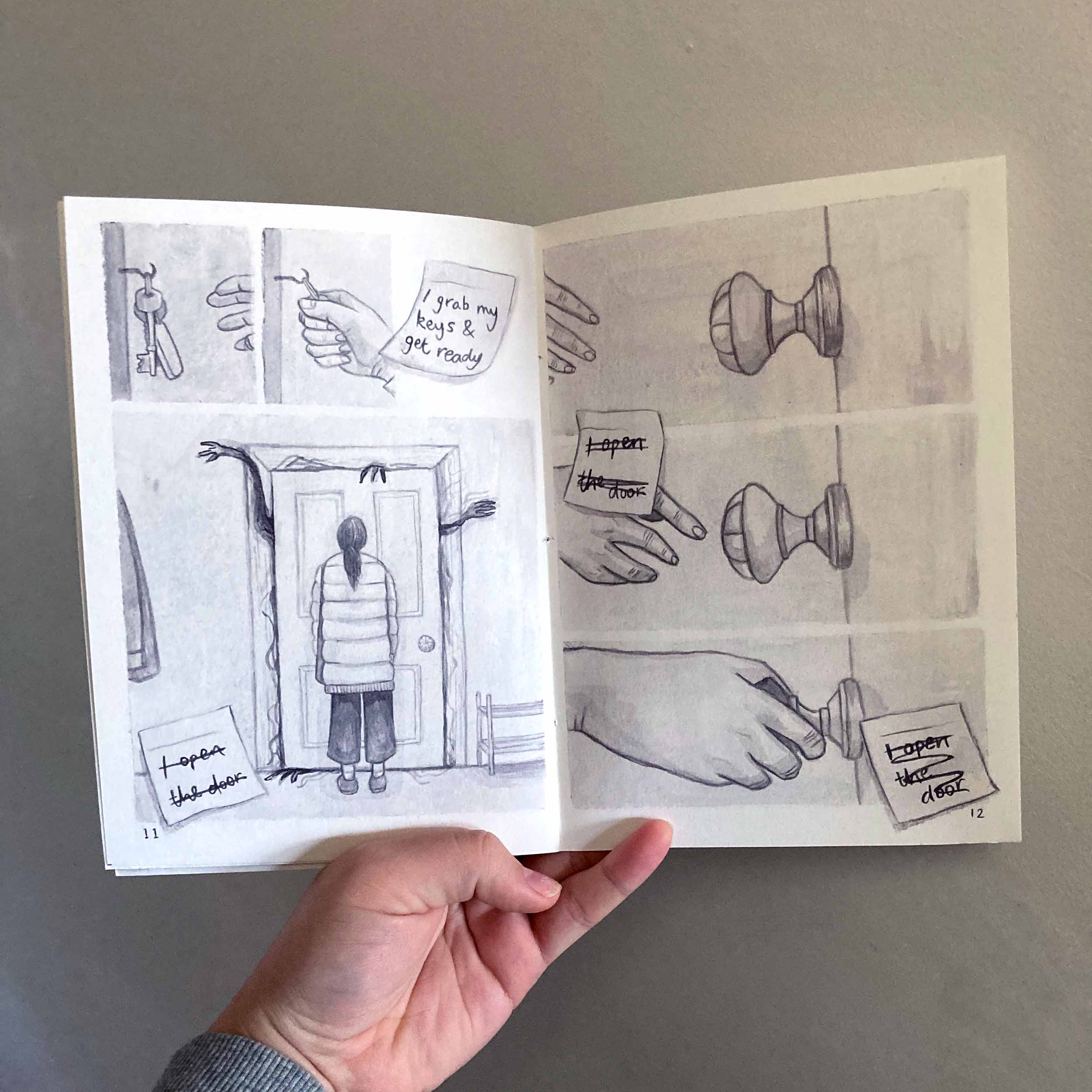 'OUTSIDE' comic page spread showing the main character attempting to open their front door and reaching for the handle through they are afraid to do so.