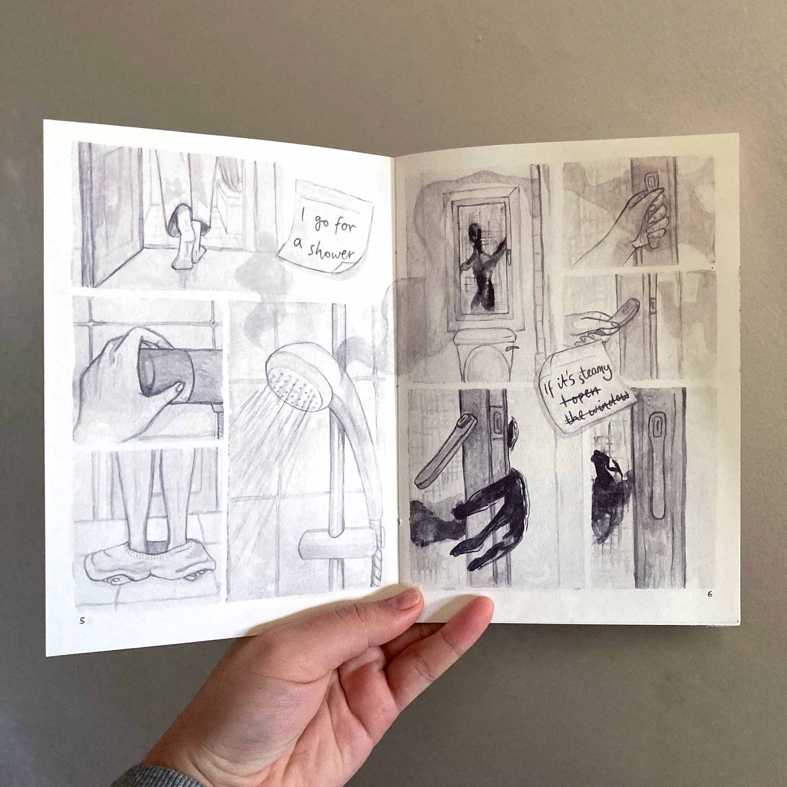 'OUTSIDE' comic page spread showing the main character showering and opening the window to let out the steam but then quickly closing it again as a monsters hand crawls in.