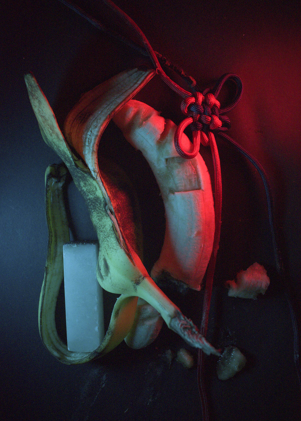 A banana peel laying beside the flesh of a banana that has been damaged by tied rope and stamped, with a red and blue rope tied together with a decorative knot laying on the other side of the banana flesh. Part of the peel curls around a stone stamp. This is on top of a black background and lit by red and blue light.