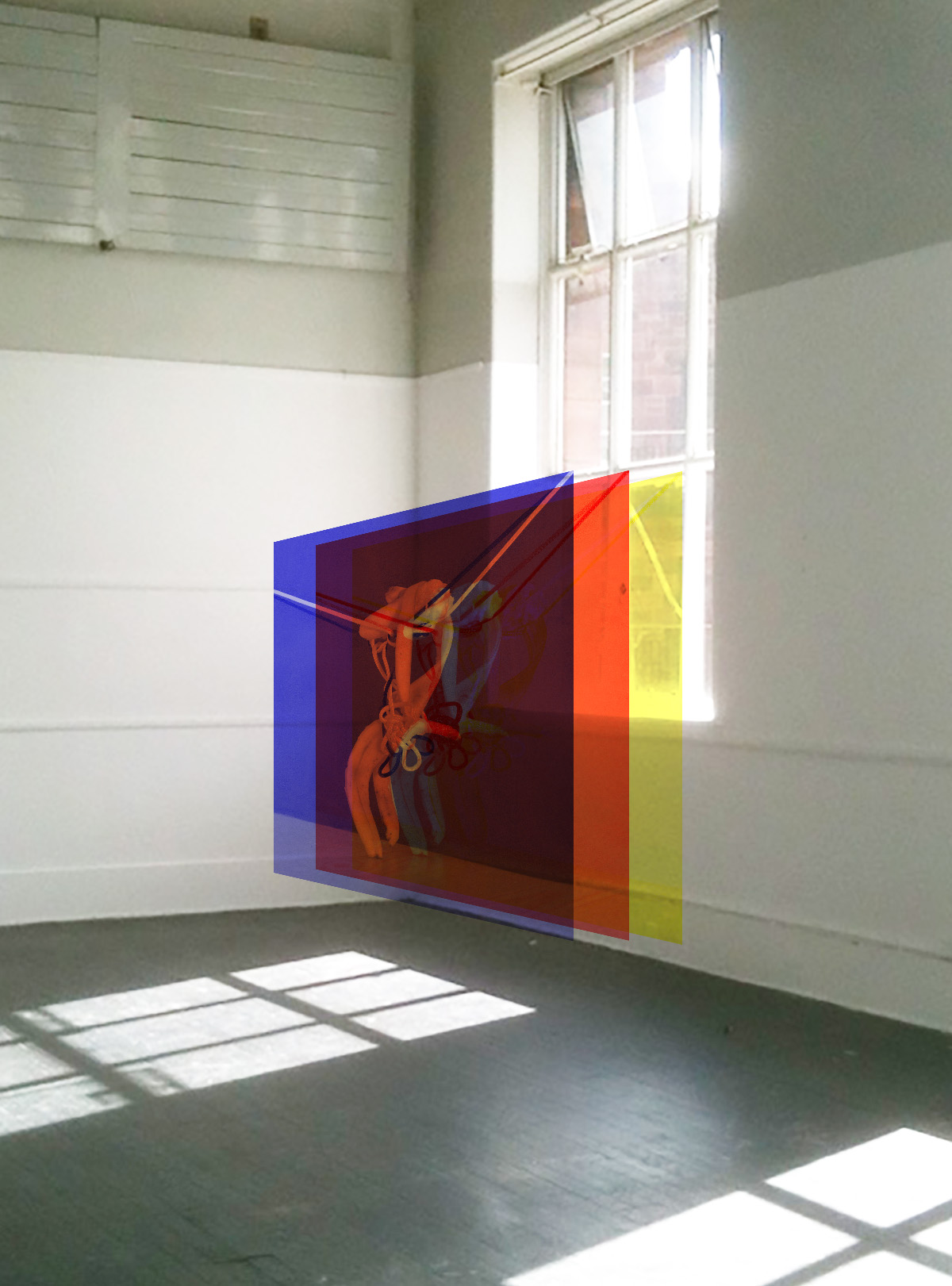 The photograph 'Xiāng Jiāo Rén' split into blue, red and yellow layers, hung in mid-air one in front of the other in a white room.