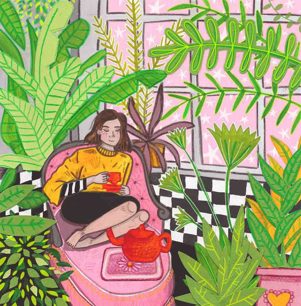 Illustration featuring a woman sat on a vintage sofa, amongst houseplants, drinking tea
