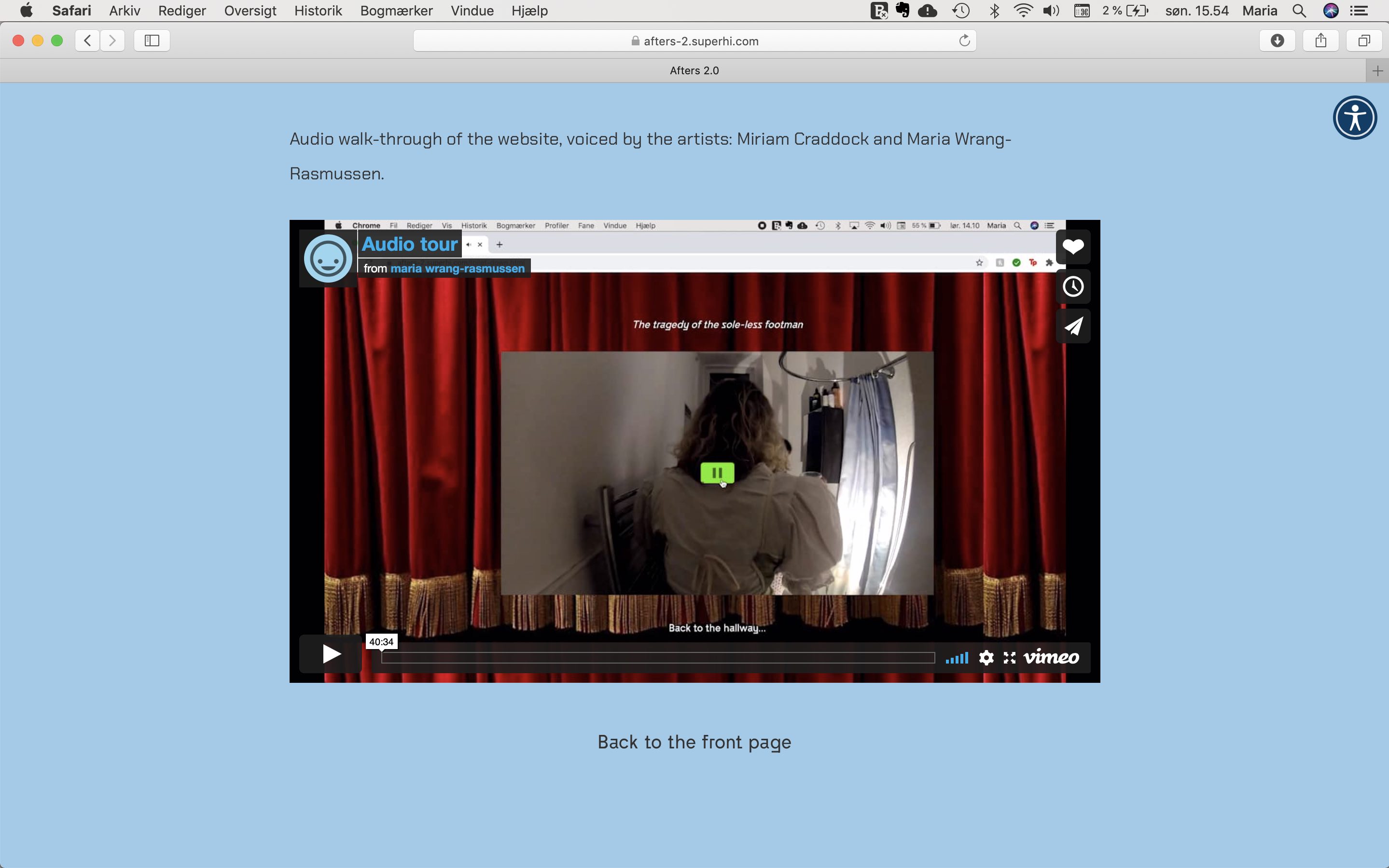Screenshot of a page on Afters-2.superhi.com, showing a video of the audio guided tour, voiced by Maria Wrang-Rasmussen and Miriam Craddock