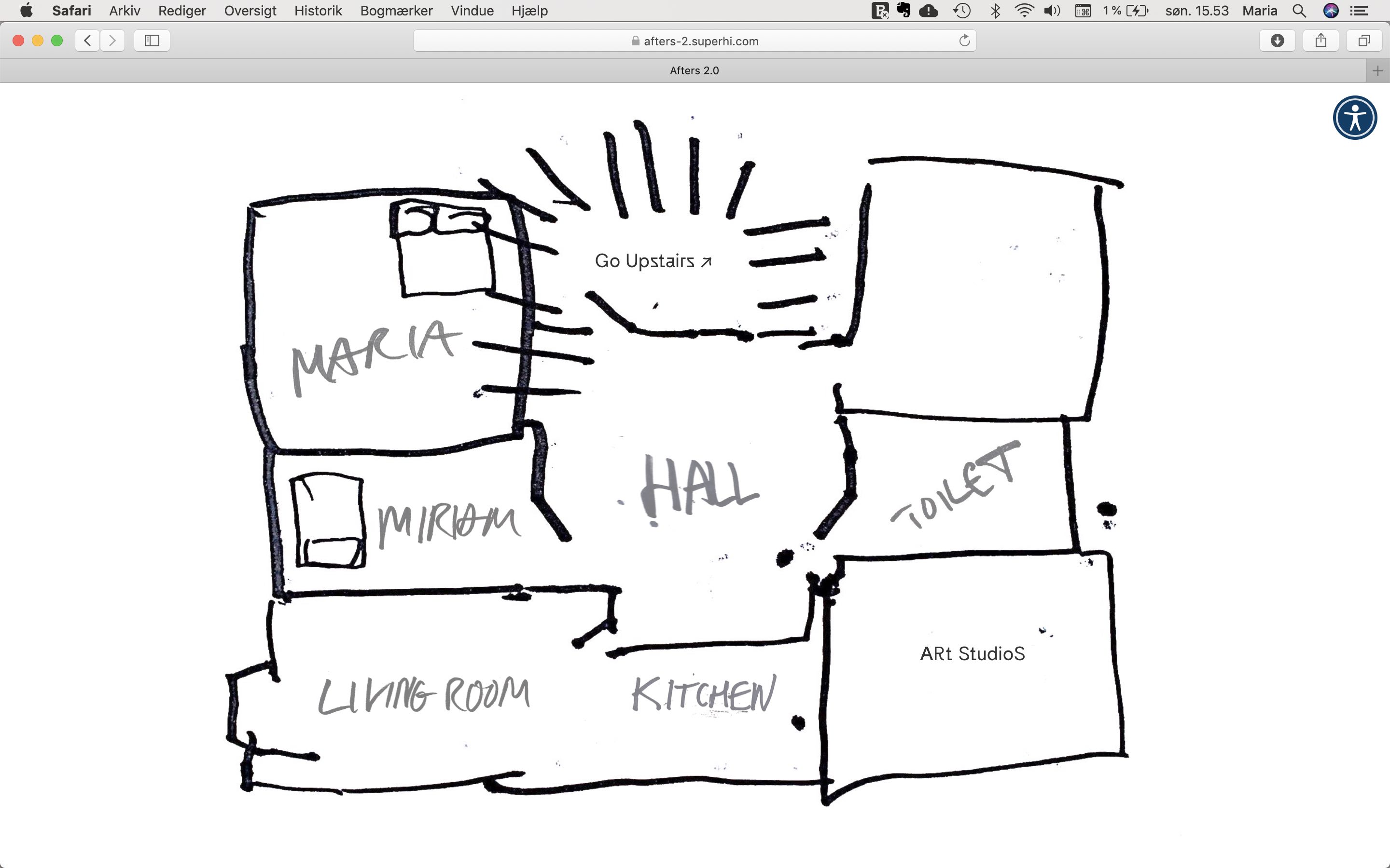 Screenshot of a page for Afters-2.superhi.com, showing a map of a flat, the different rooms are labeled, maria and miriam and room like the living room, hall and toilet, and a link to go upstairs
