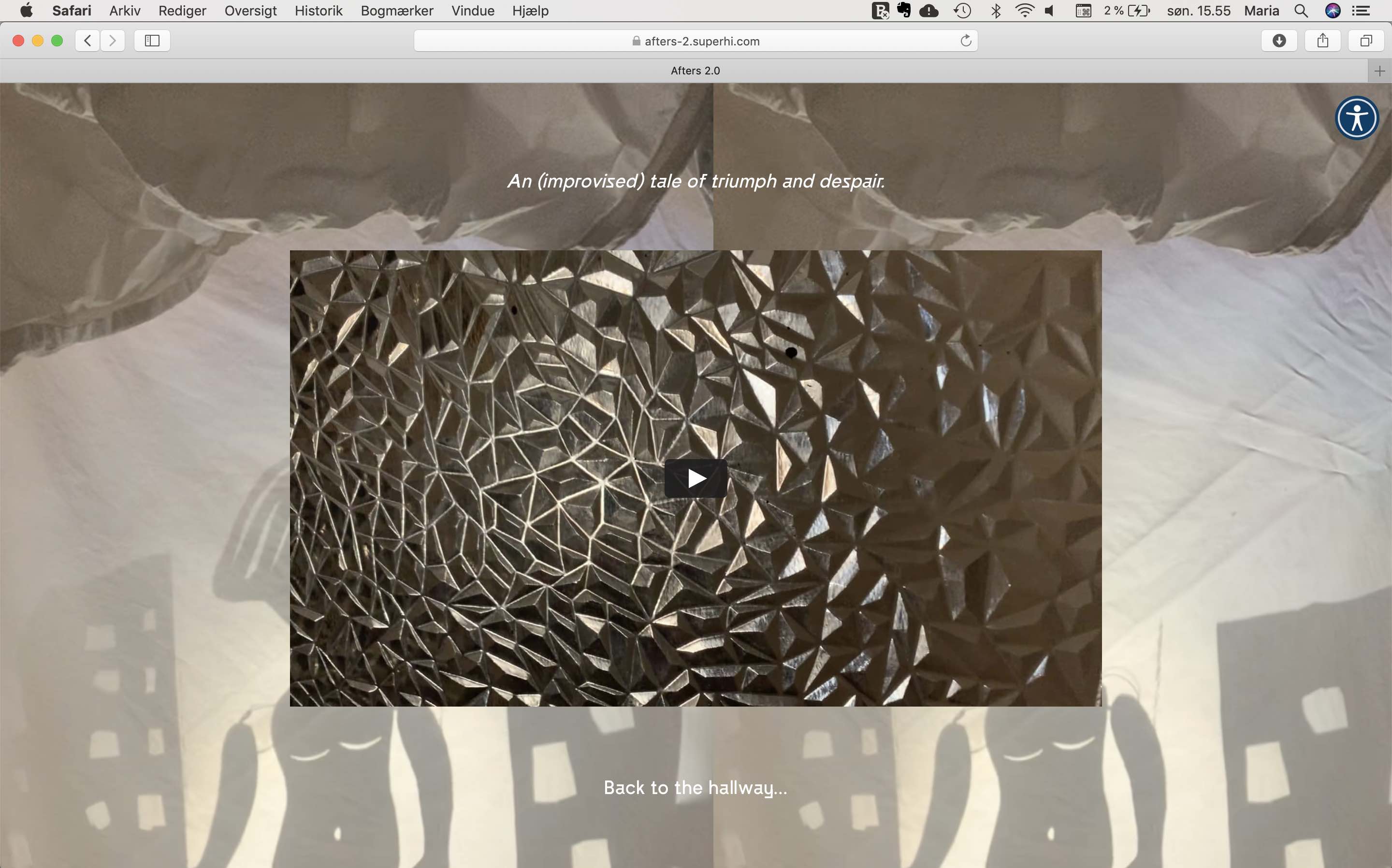 Screenshot of a page for Afters-2.superhi.com showing a shadow puppet play titled "an (improvised) tale of triumph and despair"