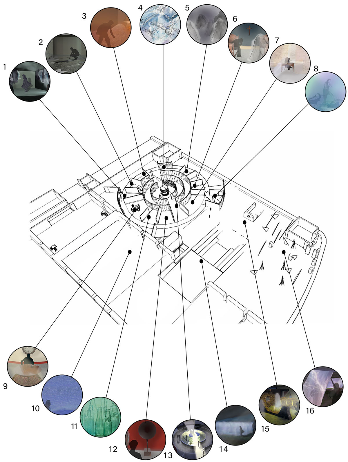 An exploded axonometric drawing of the site and location of different set rooms (circular thumbnails) within the scheme.