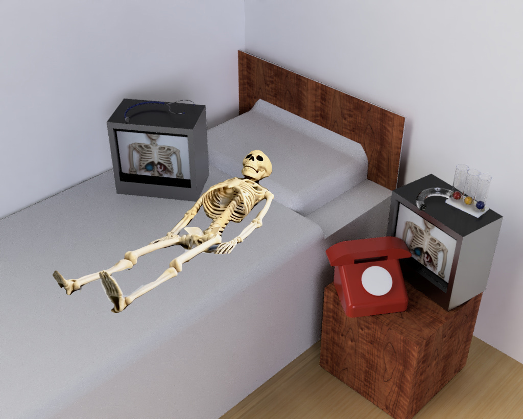 CAD render of 2 TVs with skeleton on bed