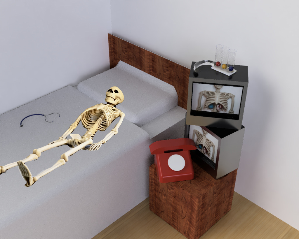 CAD render of 2 stacked TVs with skeleton on bed