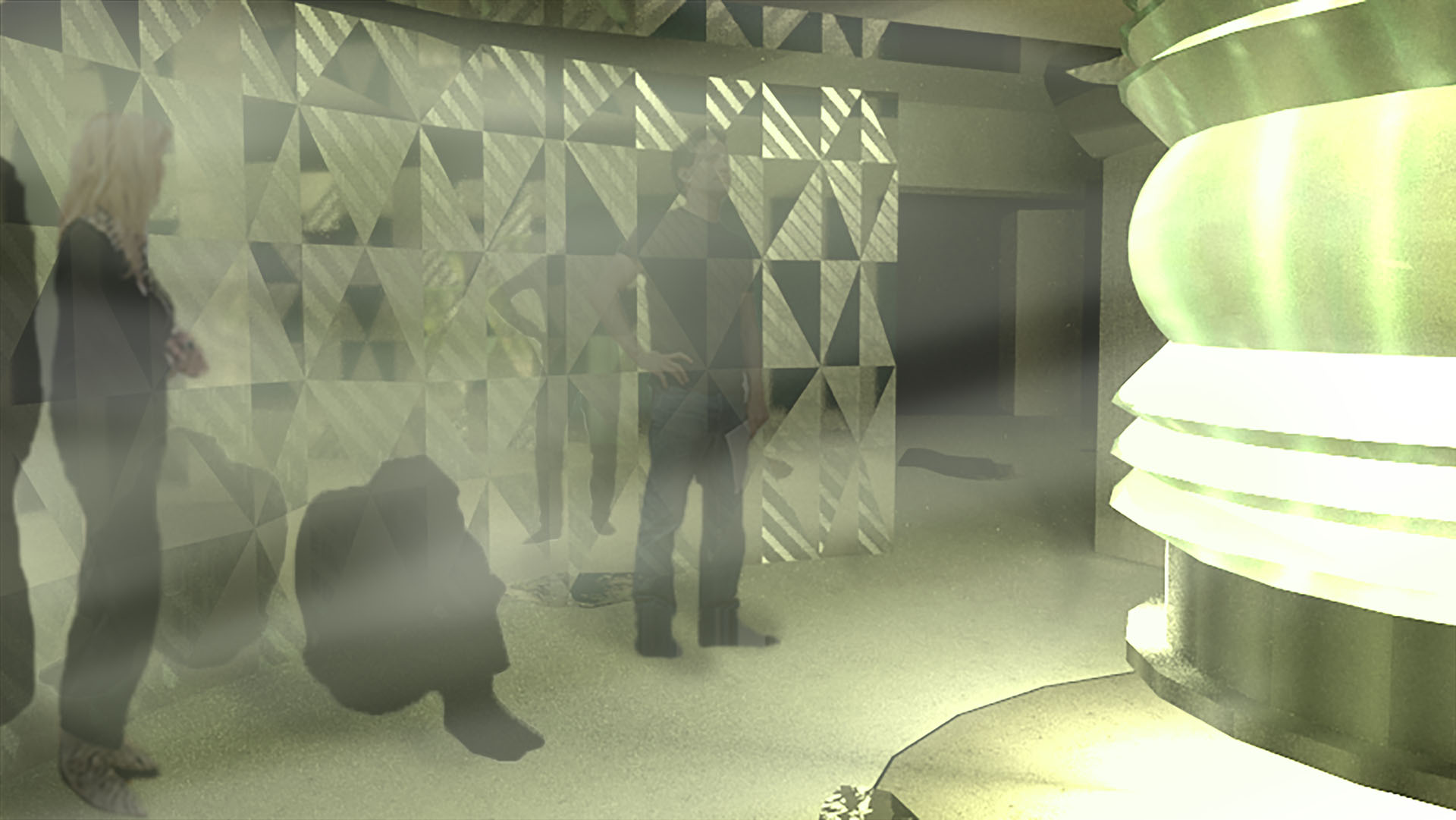 A bright light reflects off of triangular mirrored curved walls. People gaze into the light located on the right hand side.