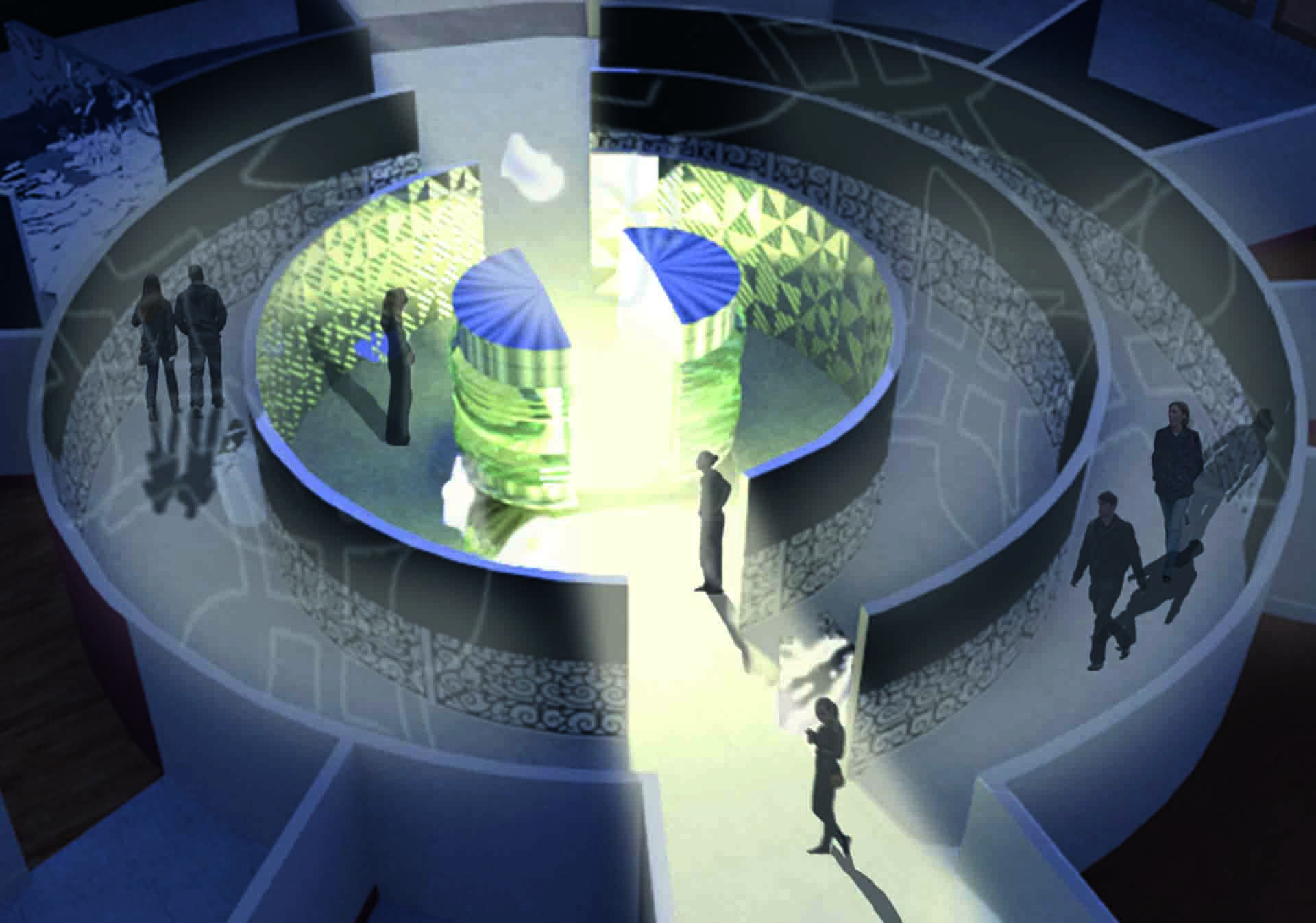 A labyrinth structure is seen from a birds eye view. The centre features a large light source beaming out, people walk within the labyrinth.