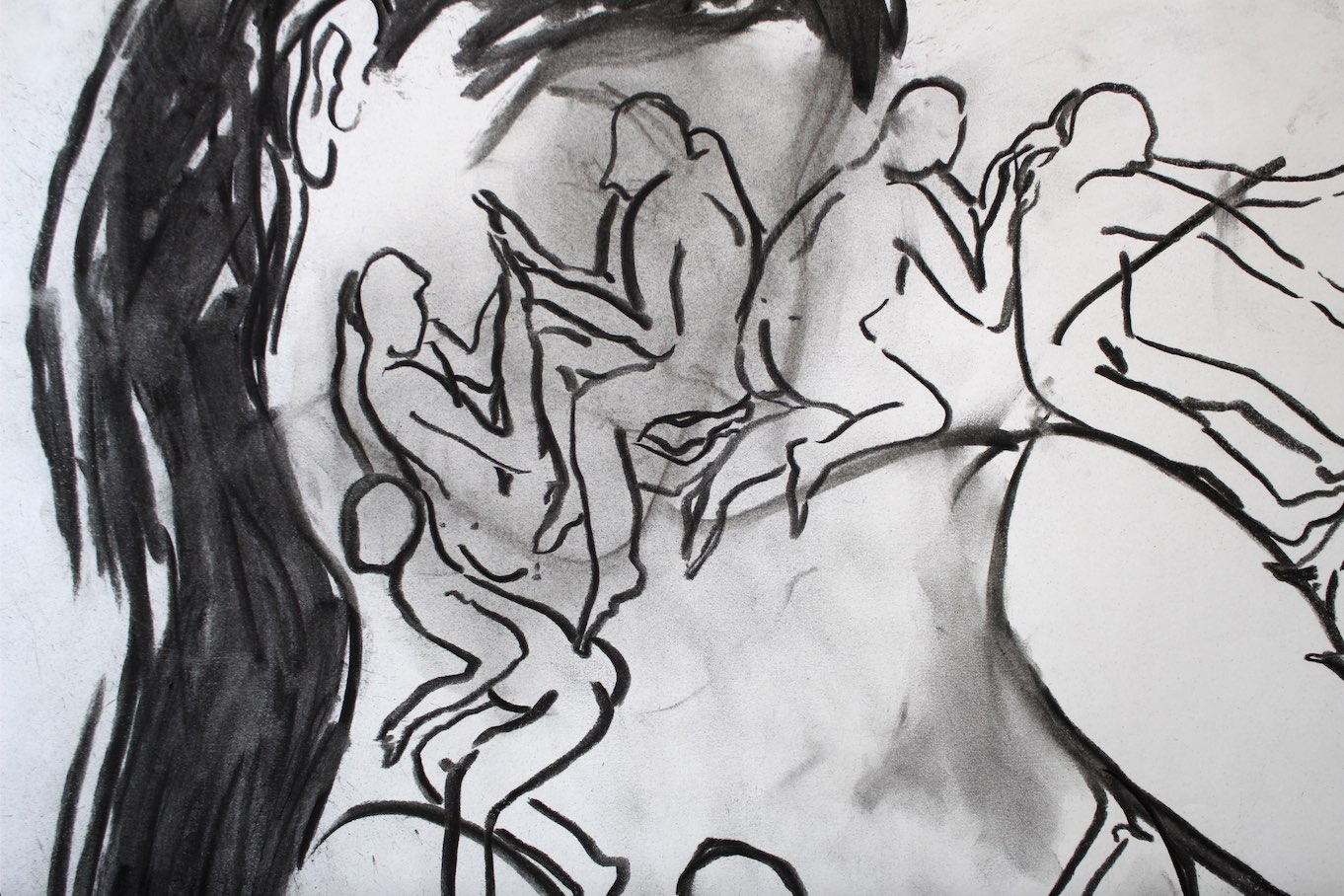 Detail of charcoal drawing of a person with their face erased, with tiny charactes crawling all over