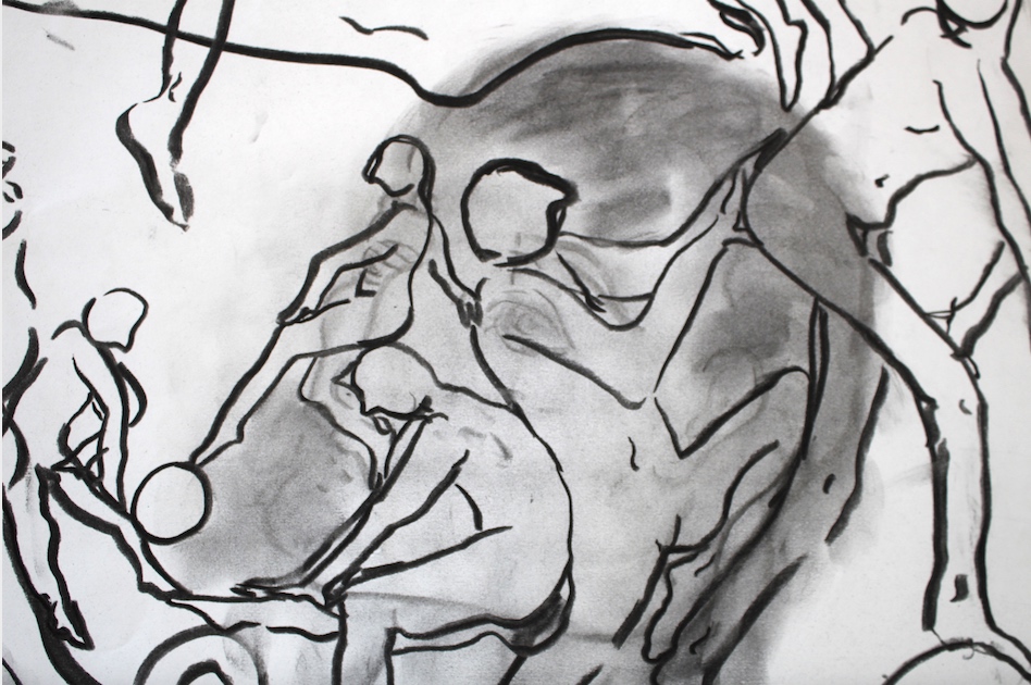 Detail of charcoal drawing of a person with their face erased, with tiny charactes crawling all over