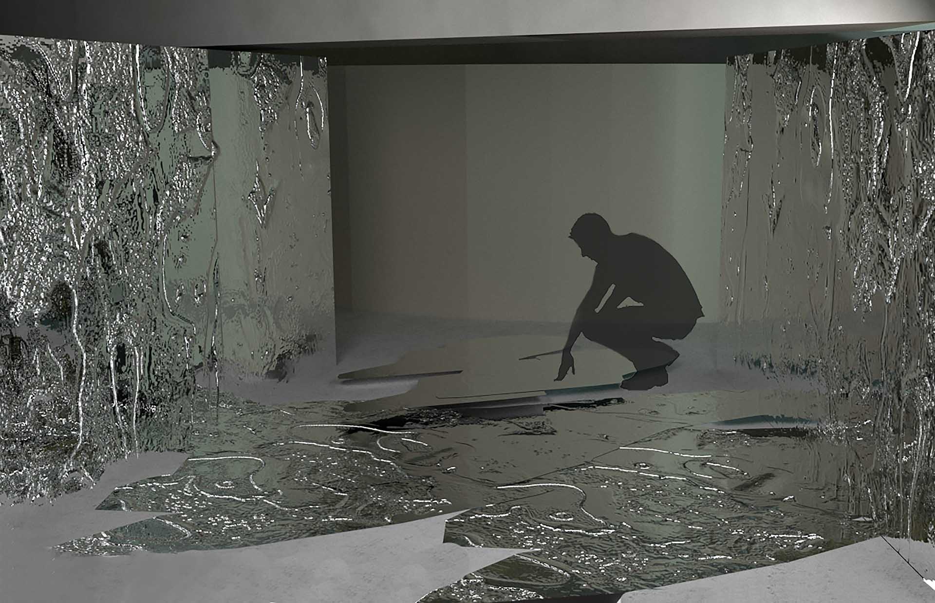 A figure crouches down in a small room dripping in a silver liquid.