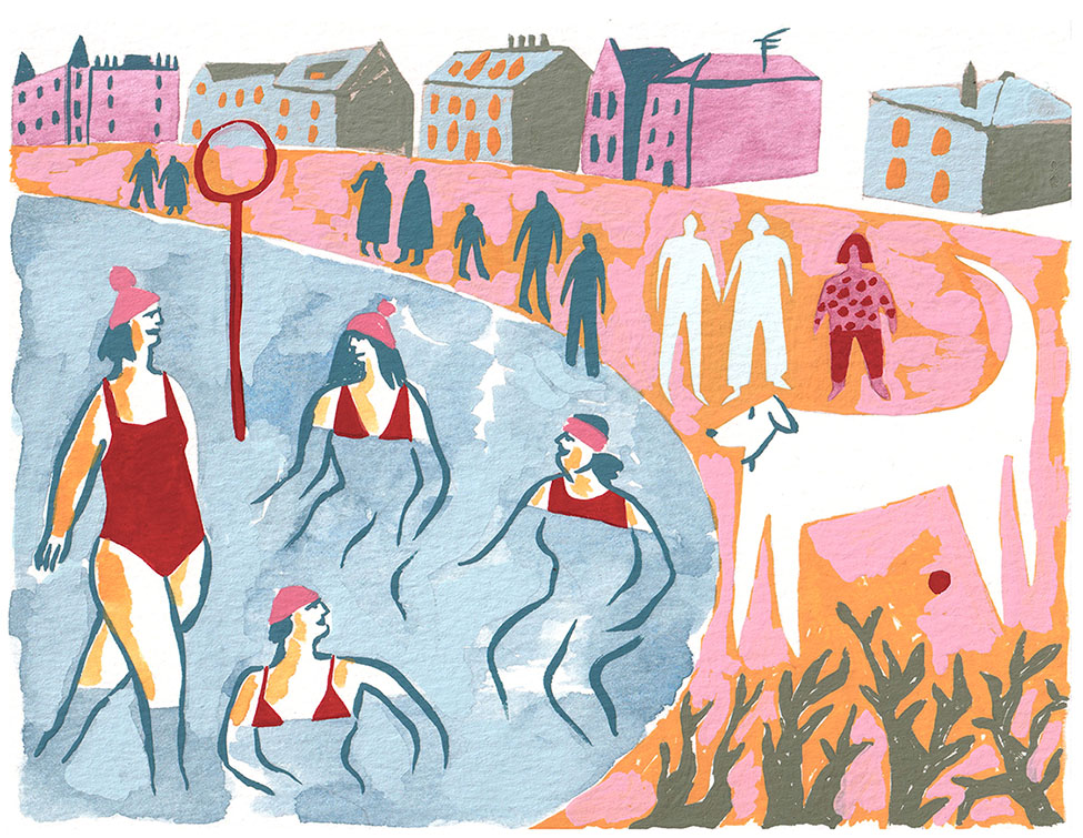 Gouache painting of Portobello Beach-shows swimmers, people on beach and white dog. 
