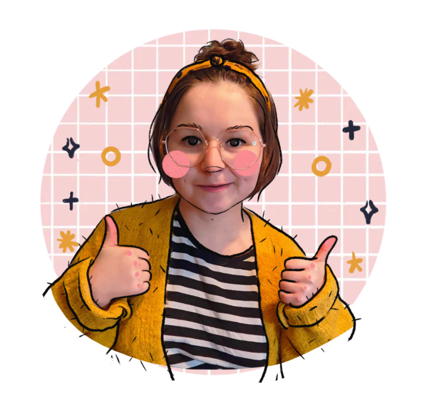 Photograph of Non-Binary Fem wearing yellow cardigan and horizontal black and white striped tee. Short hair with a topknot and a yellow hairband. thumbs up, slight smile and illustrated with black line and pink grid background with some shape illustrations.