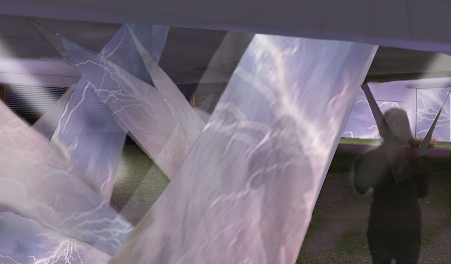 Abstract cloths feature on the left hand side with storm images projected onto them. A figure on the right hand side walks through them.