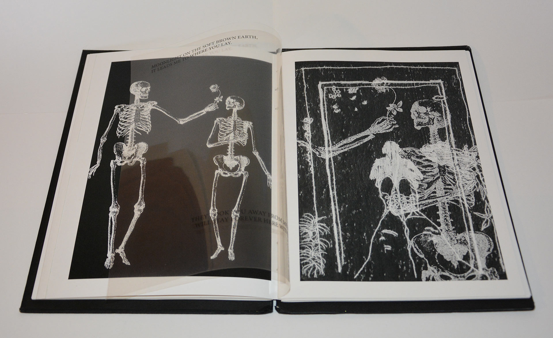 Book folded open to a double spread depicting a couple of skeletons on the left page, and a close up of one skeleton super imposed on top of a drawing. 