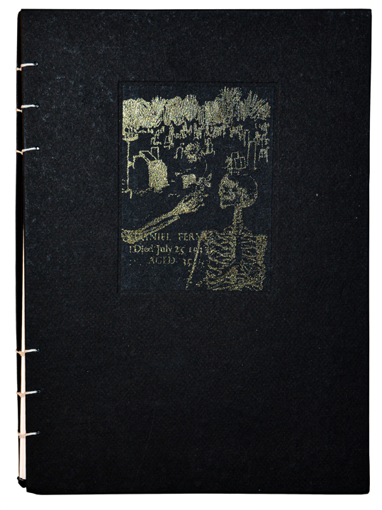Front cover of handmade A4 sized book with small gold foiled rectangle depiciting handdrawn art.