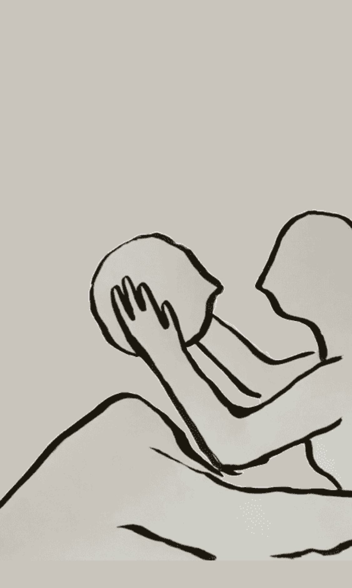 A dark beige background with a drawing of two characters, one is picking up the other ones head as the body melts away and detaches from the head