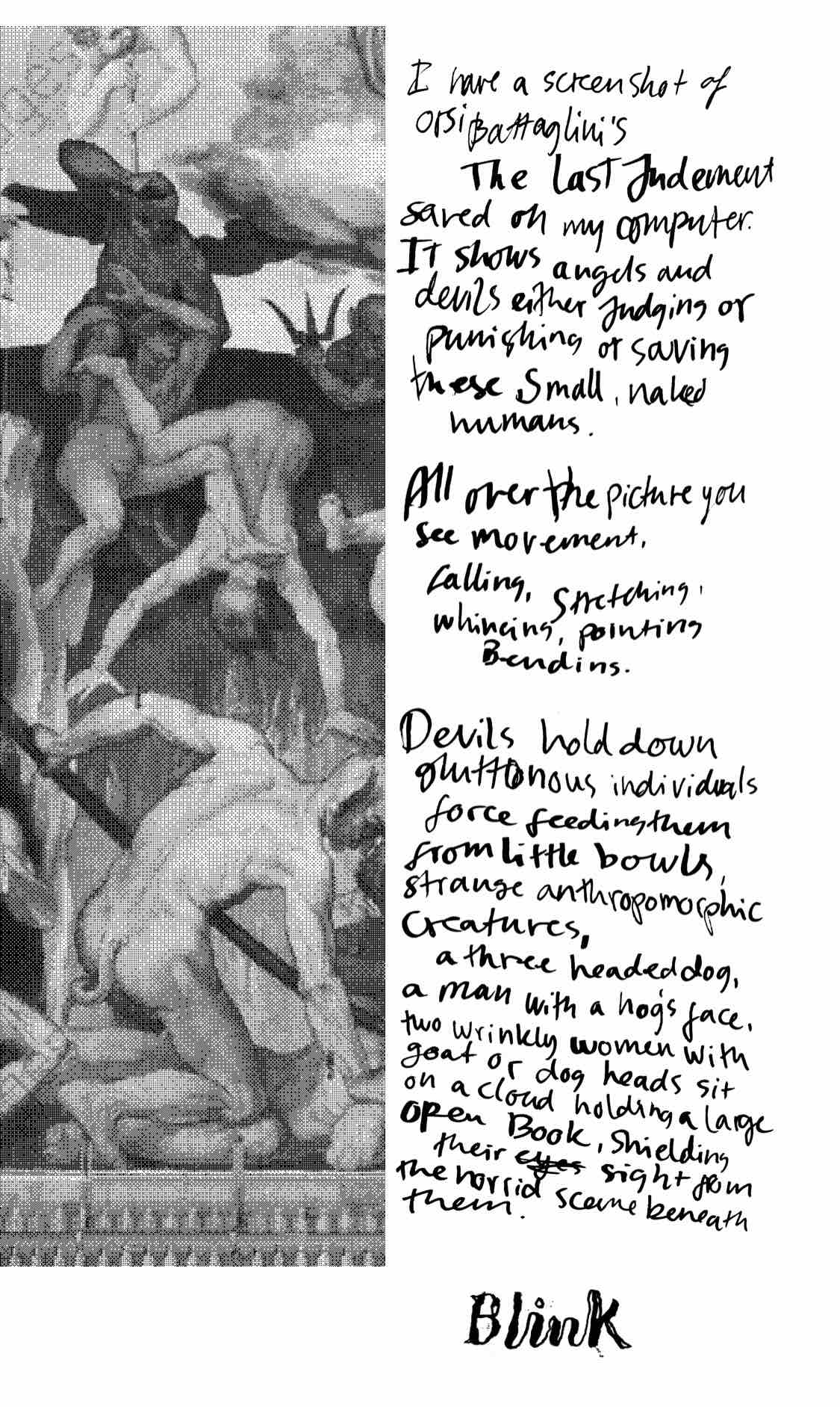 a section a black and white section of a renaissance fresco next to a section of hand written text
