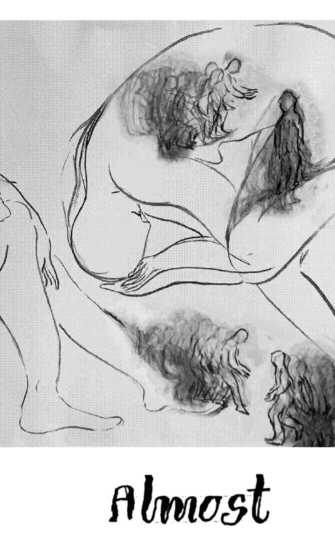 section of a drawing of large pixelated chacaters with smaller characters inside them, beneath is a hand written text saying "almost"