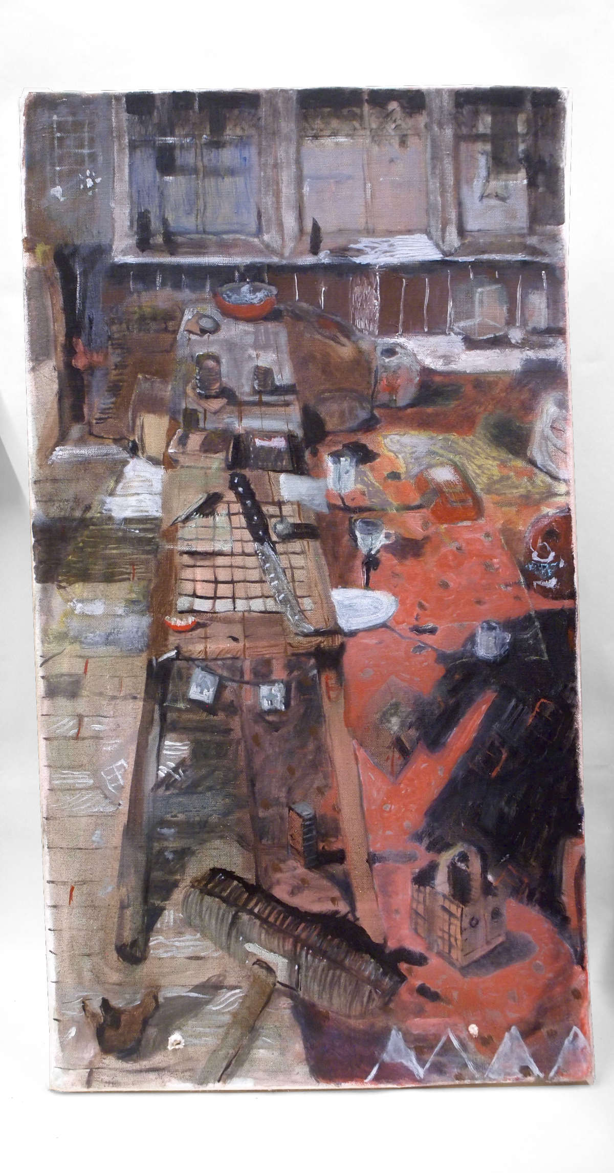 Photo of a painting showing a table and red room strewn with objects.