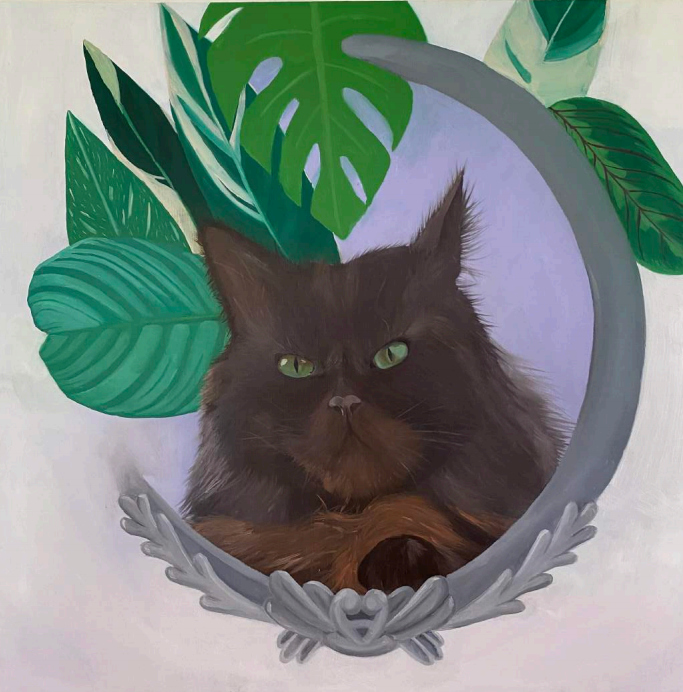 An oil painting of a cat framed by a mirror and decorated by leaves