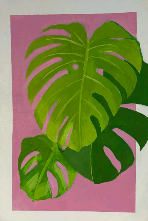 An acrylic painting of monstera leaves on a pink background with a white border