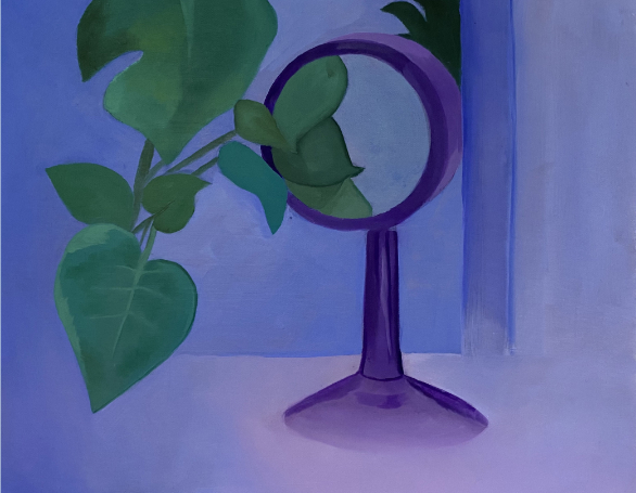 An acrylic painting of a mirror and plants