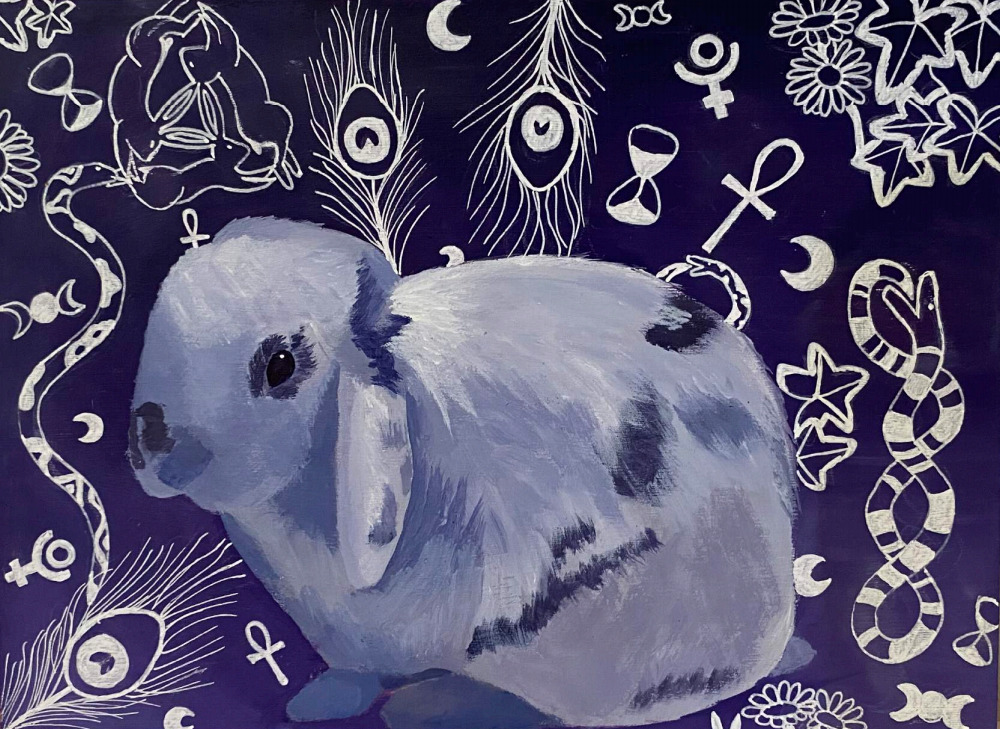 A painting of a white rabbit with black spots on a purple background with symbols of life and death