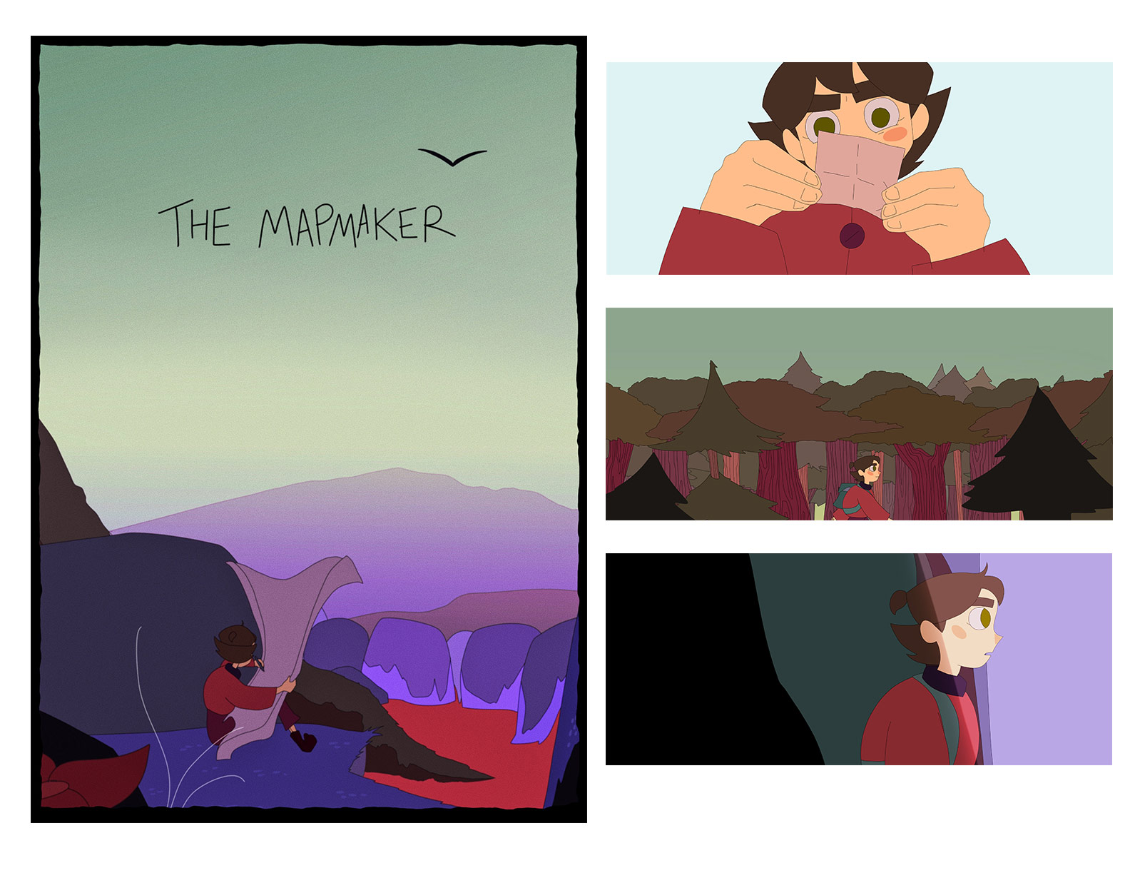 The Mapmaker film poster, the mapmaker sits on a cliffside with a large piece of map, as a bird flies overhead