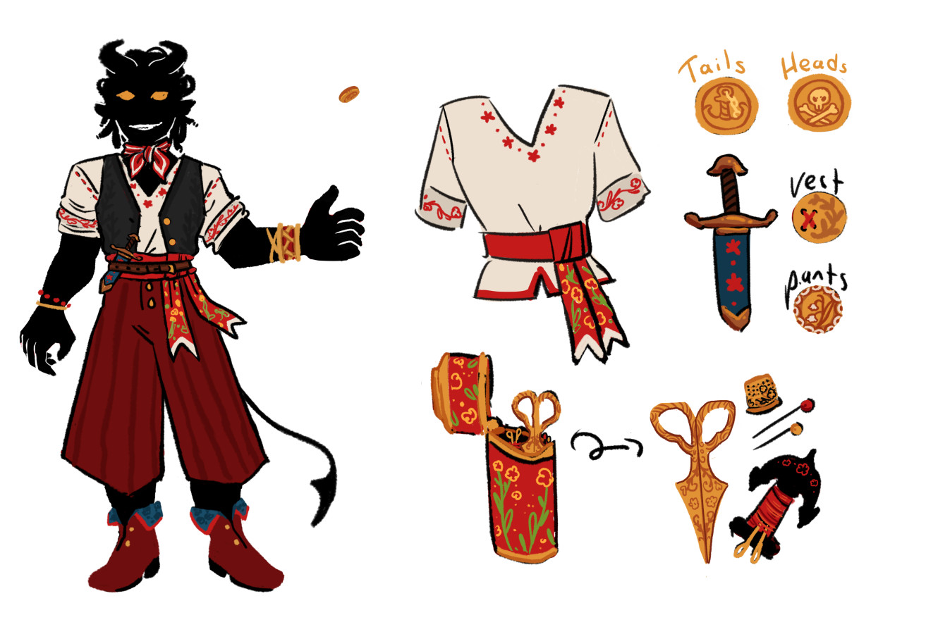 a character in a vest and wide trousers and several close up sketches of outfit details and props